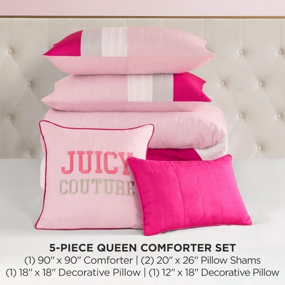 **SOLD** Juicy Couture Home 5PC Pink Gray Color Block Striped Comforter Bed Set - Picture 8 of 16